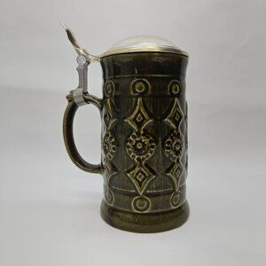 Jasba Green Pottery Tall Tankard Stein with Lid Vintage West Germany
